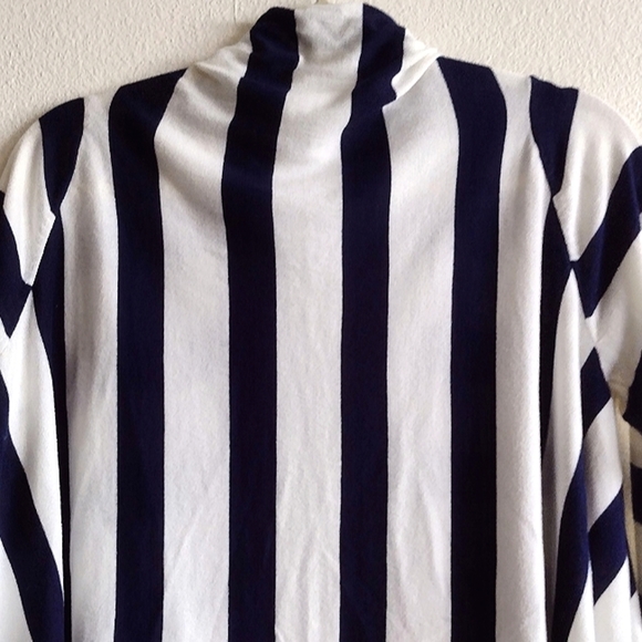 Navy Blue Striped Open Front Waterfall Cardigan Medium Coastal Grandma Fisherman - Picture 8 of 9